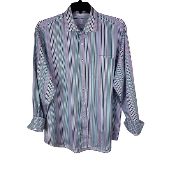 Men’s Bugatchi Uomo Flip Cuff Classic Fit Button Shirt Long Sleeves Striped Blue - Picture 5 of 12